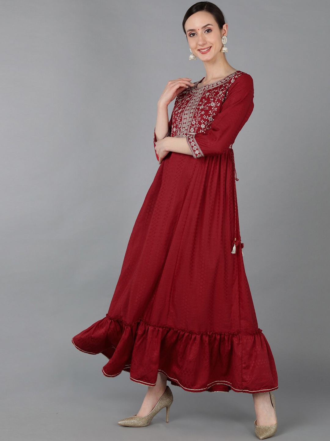 

AHIKA Ethnic Motifs Yoke Design Chanderi Silk Anarkali Kurta, Red