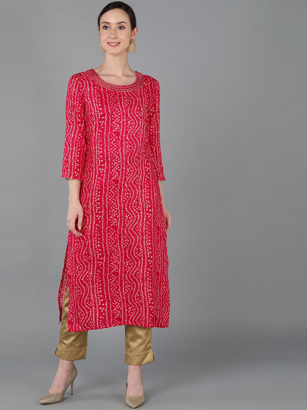 

AHIKA Bandhani Printed Straight Regular Kurta, Fuchsia