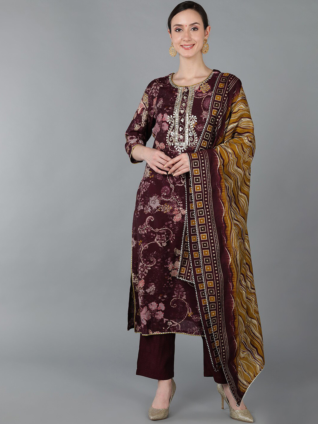 

AHIKA Embroidered Chanderi Silk Straight Kurta with Trousers & With Dupatta, Burgundy