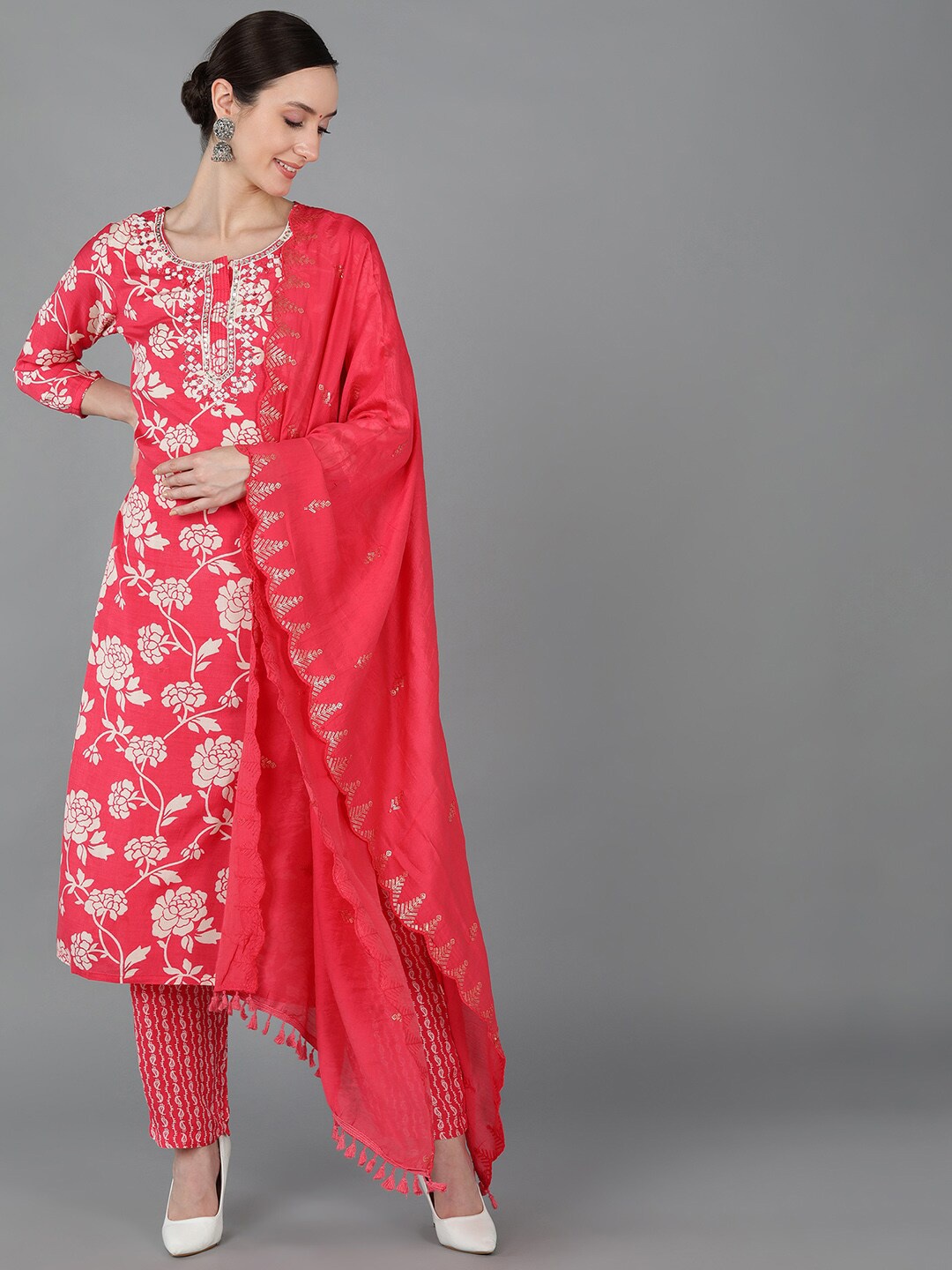 

AHIKA Embroidered Chanderi Silk Straight Kurta with Trousers & With Dupatta, Coral