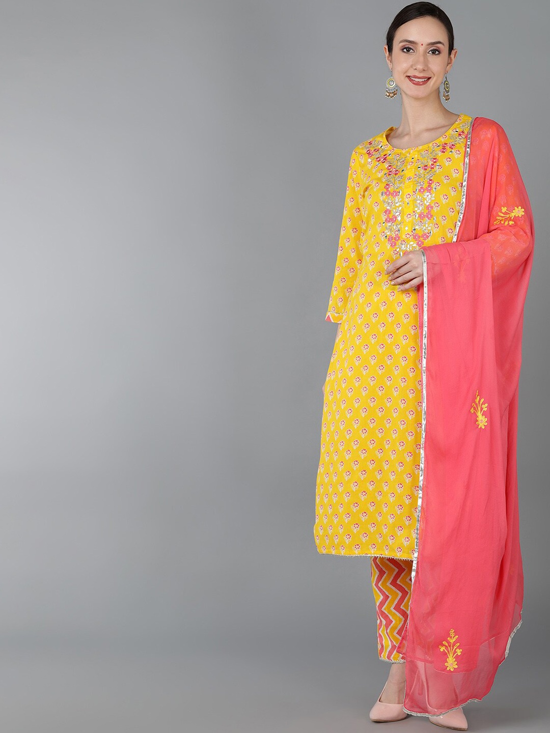 

AHIKA Embroidered Pure Cotton Straight Kurta with Trousers & With Dupatta, Yellow