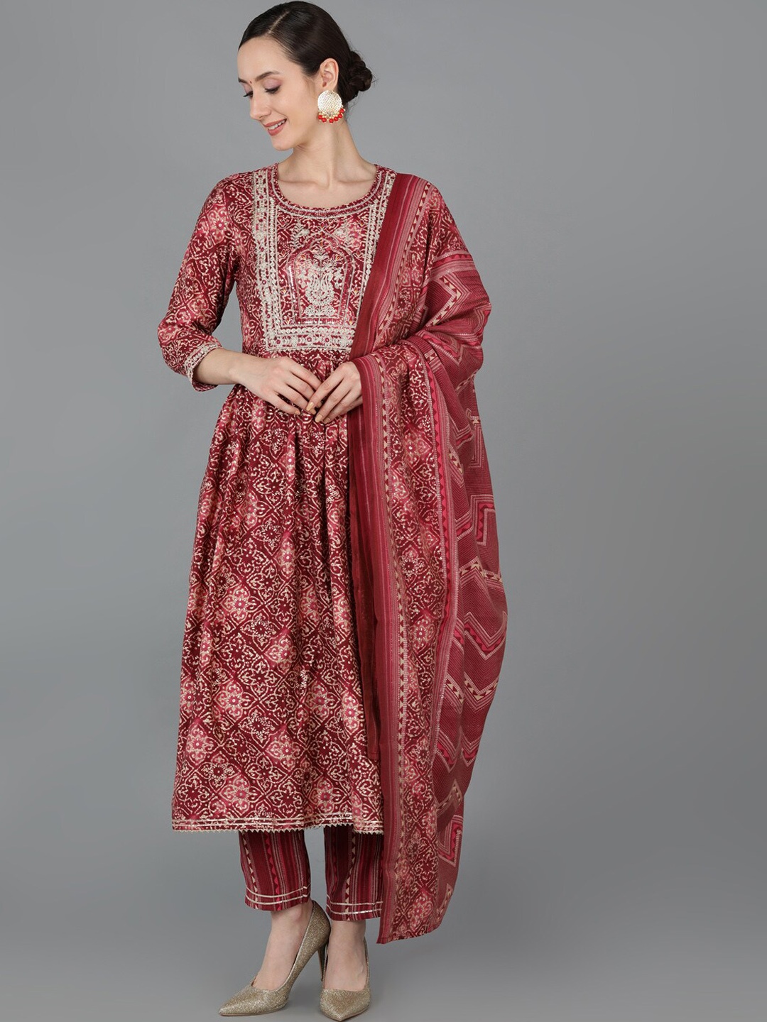 

AHIKA Embroidered Chanderi Silk A-Line Kurta with Trousers & With Dupatta, Maroon