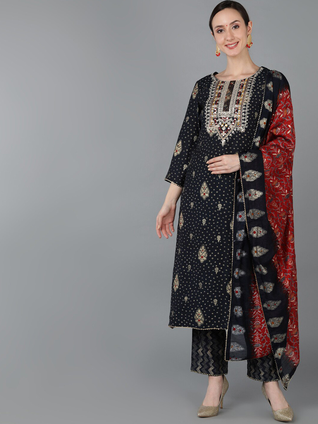 

AHIKA Embroidered Chanderi Silk Straight Kurta with Trousers & With Dupatta, Black