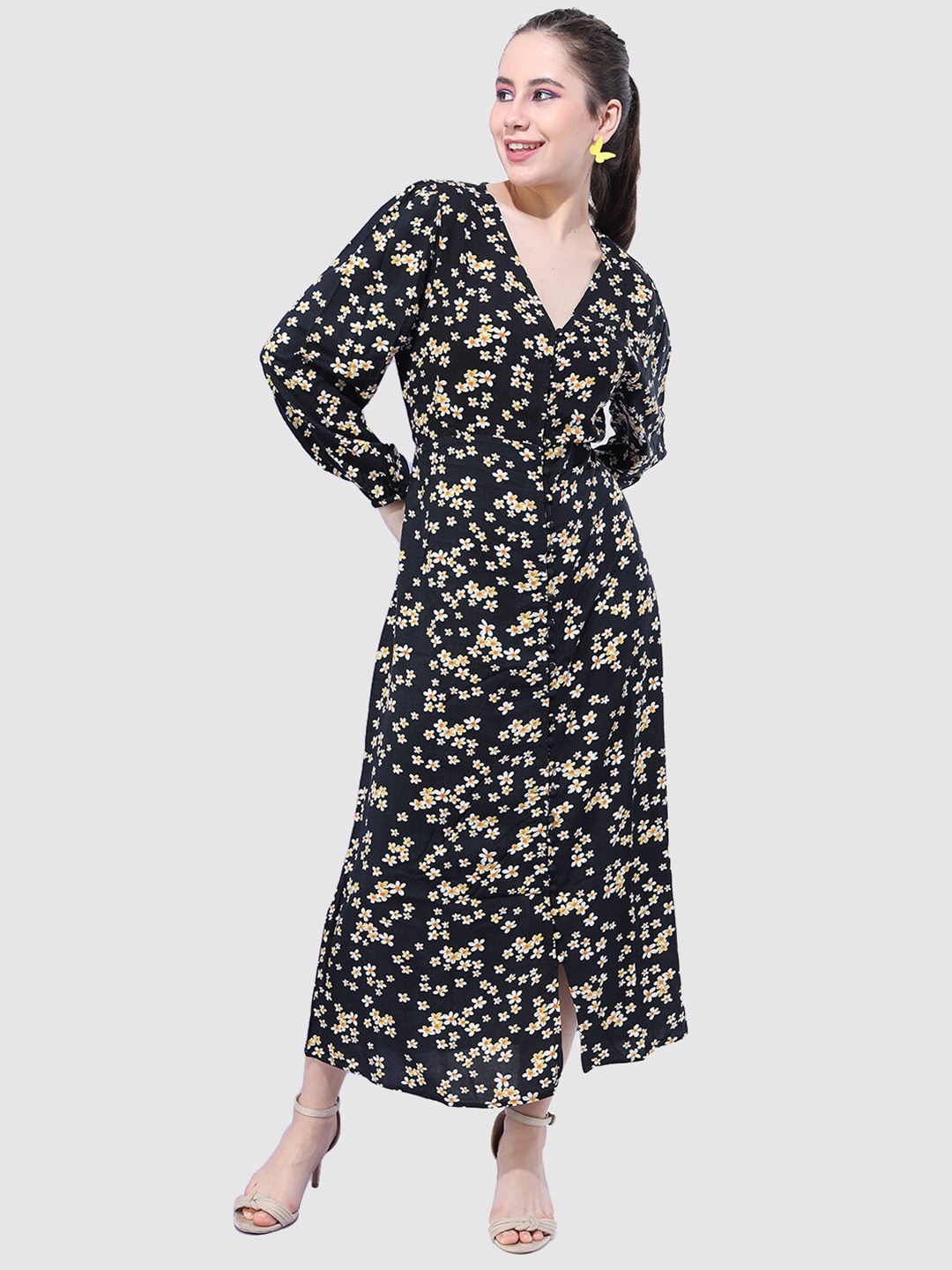 

Freehand by The Indian Garage Co Floral Printed V-Neck Midi Dress, Black
