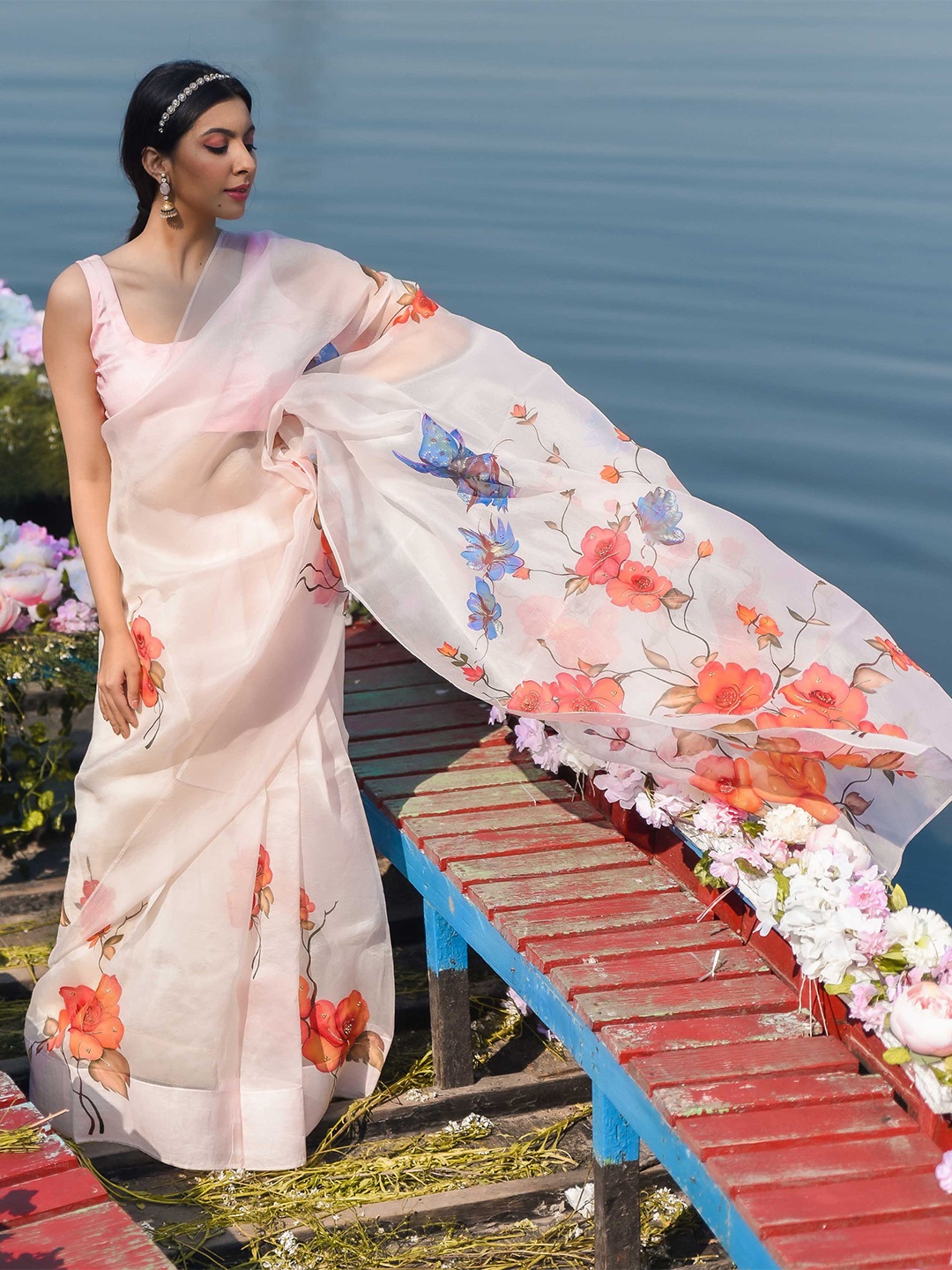 

AACHHO Women Syrah Peach Embellished Handpainted Organza Silk Saree
