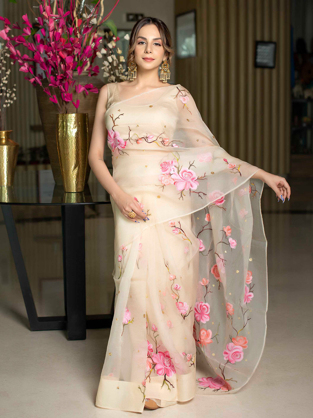 

AACHHO Beige & Pink Floral Organza Silk Saree