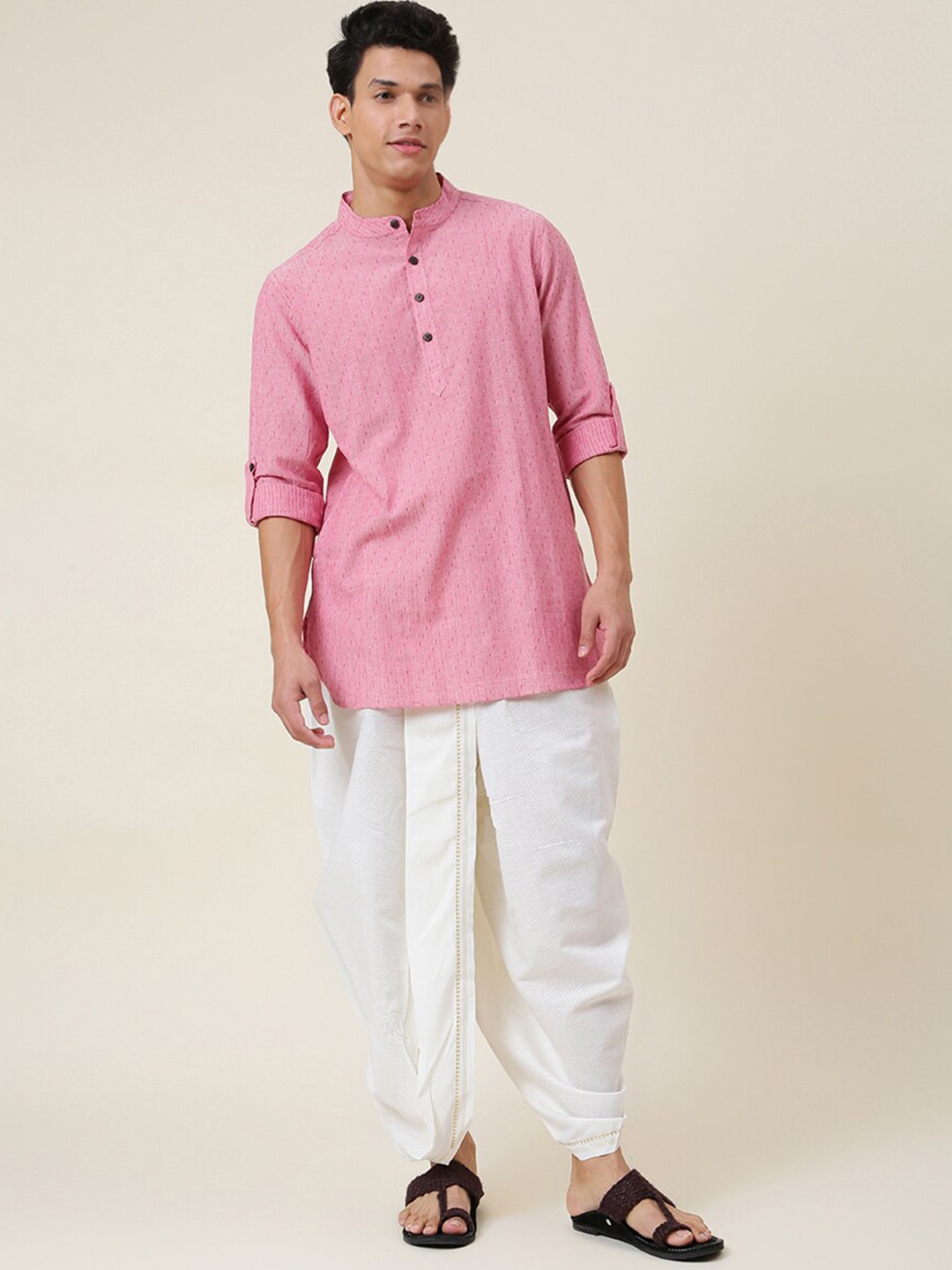 

Fabindia Men Striped Pure Cotton Kurta with Dhoti Pants, Pink