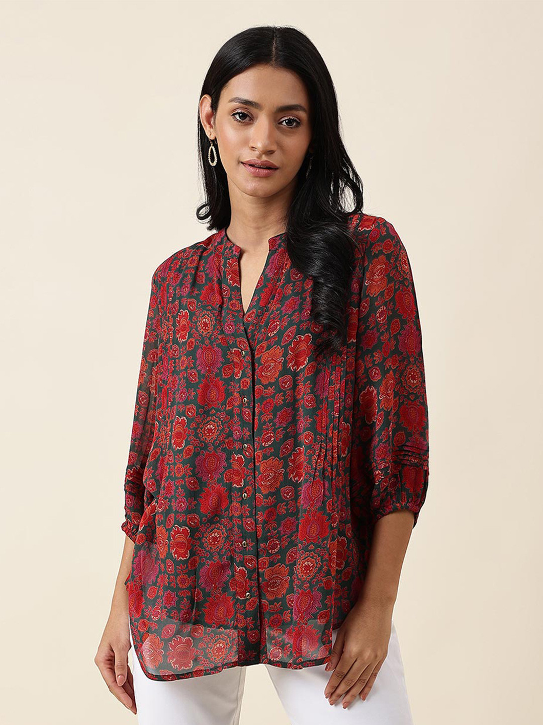 

Fabindia Women Green Comfort Floral Printed Casual Shirt