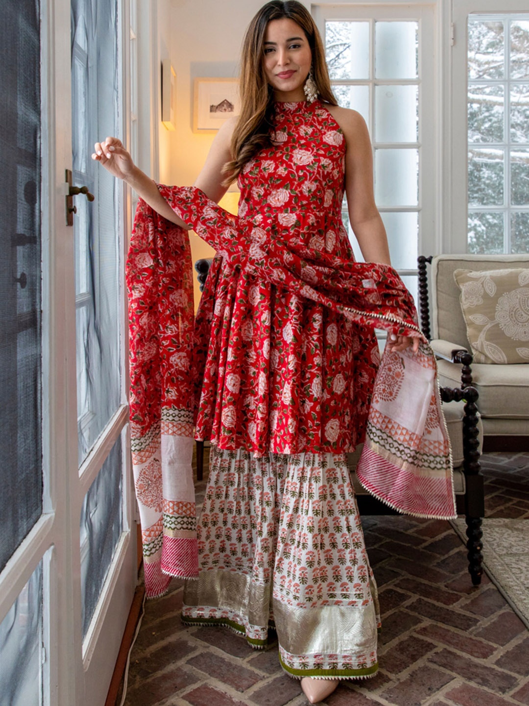 

AACHHO Women Red Finch Handblock Sharara Set