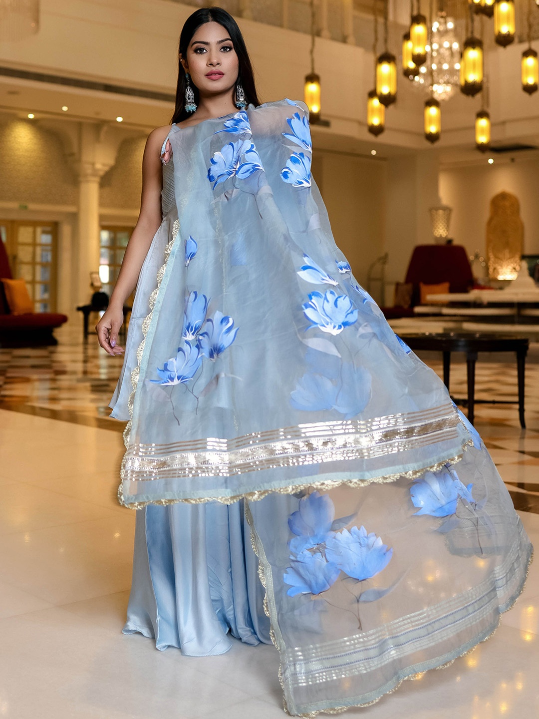 

AACHHO Women Blue Pleated Kurta With Palazzos & With Dupatta
