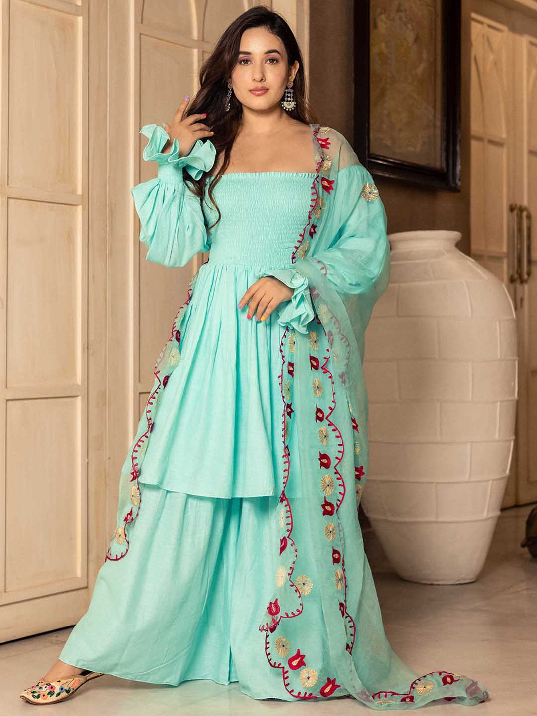 

AACHHO Women Nilkanta Embroidered Sharara Set, Sea green