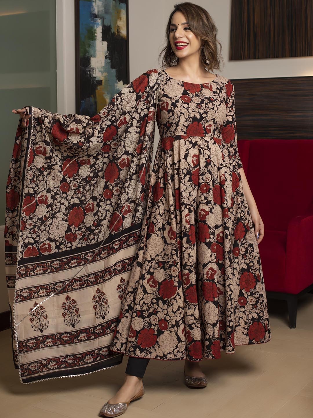 

AACHHO Women Beige Printed Pleated Pure Cotton Kurta With Trousers & Dupatta