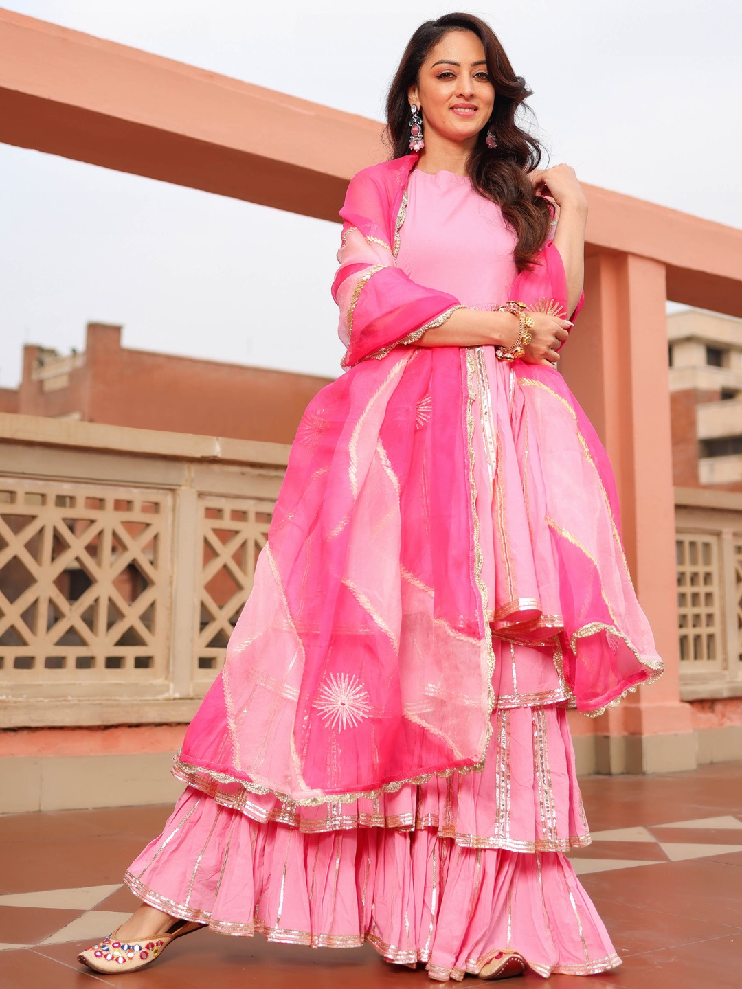 

AACHHO Women Pink Pleated Gotta Patti Pure Cotton Kurta With Sharara & Dupatta