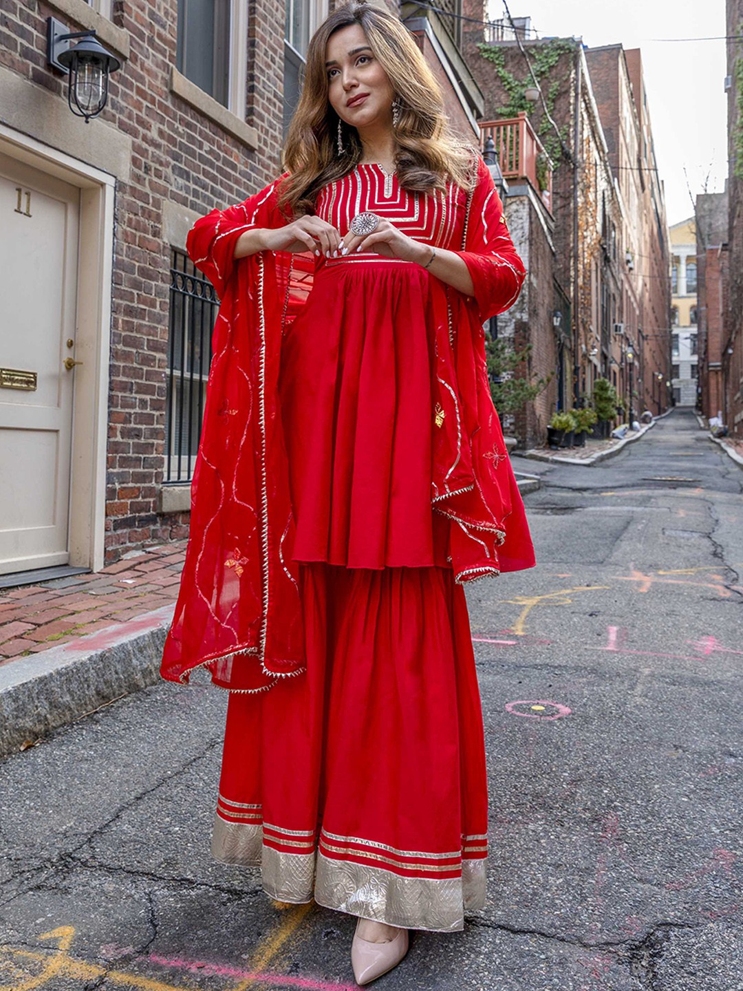 

AACHHO Women Ibis Red Gotapatti Sharara Set