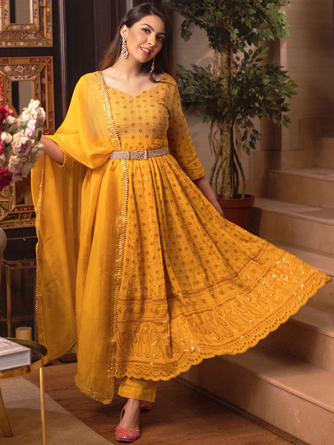 

AACHHO Women Mustard Chikankari Anarkali Set