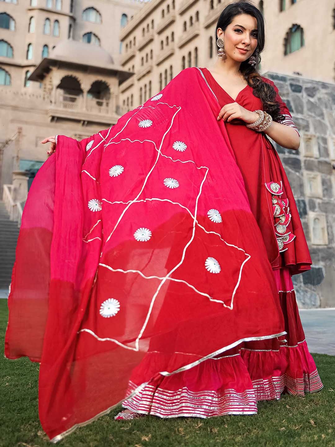 

AACHHO Women Maroon Angrakha Gotta Patti Kurta With Sharara & Dupatta