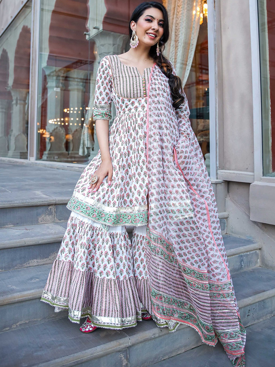 

AACHHO Women Peach Anarkali Handblock Gota Sharara Set, Pink