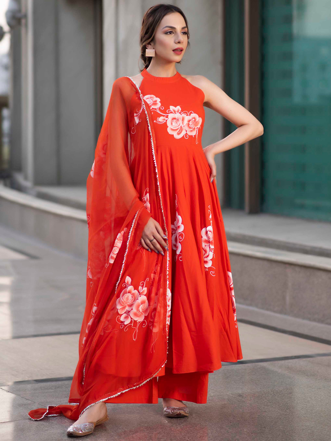 

AACHHO Women Orange Printed Pure Cotton Kurta with Palazzos & With Dupatta