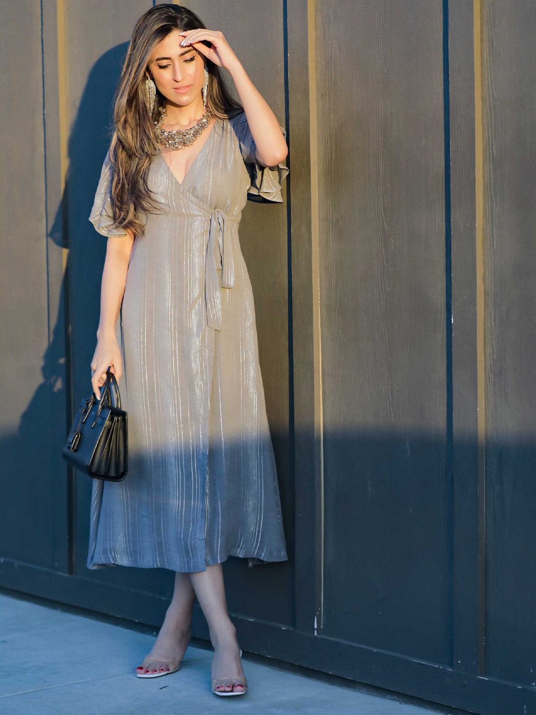 

AACHHO Grey Embellished Wrap Chiffon Dress