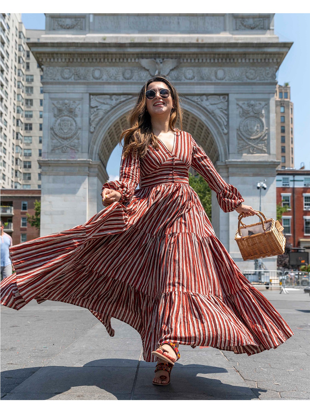

AACHHO Brown Printed Striped Cotton Maxi Dress
