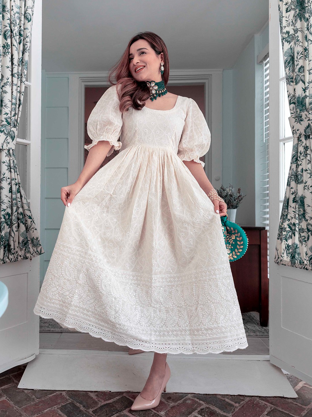 

AACHHO Off White Cotton Fit And Flare Embroidery Dress