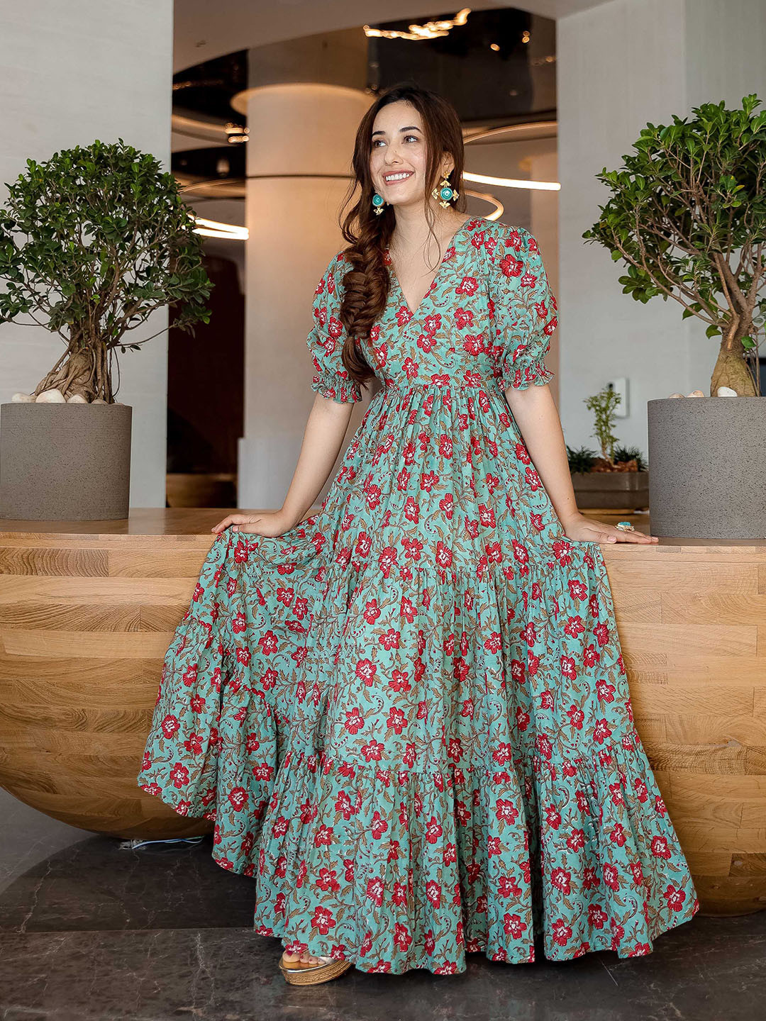 

AACHHO Sea Green Floral Cotton Maxi Dress