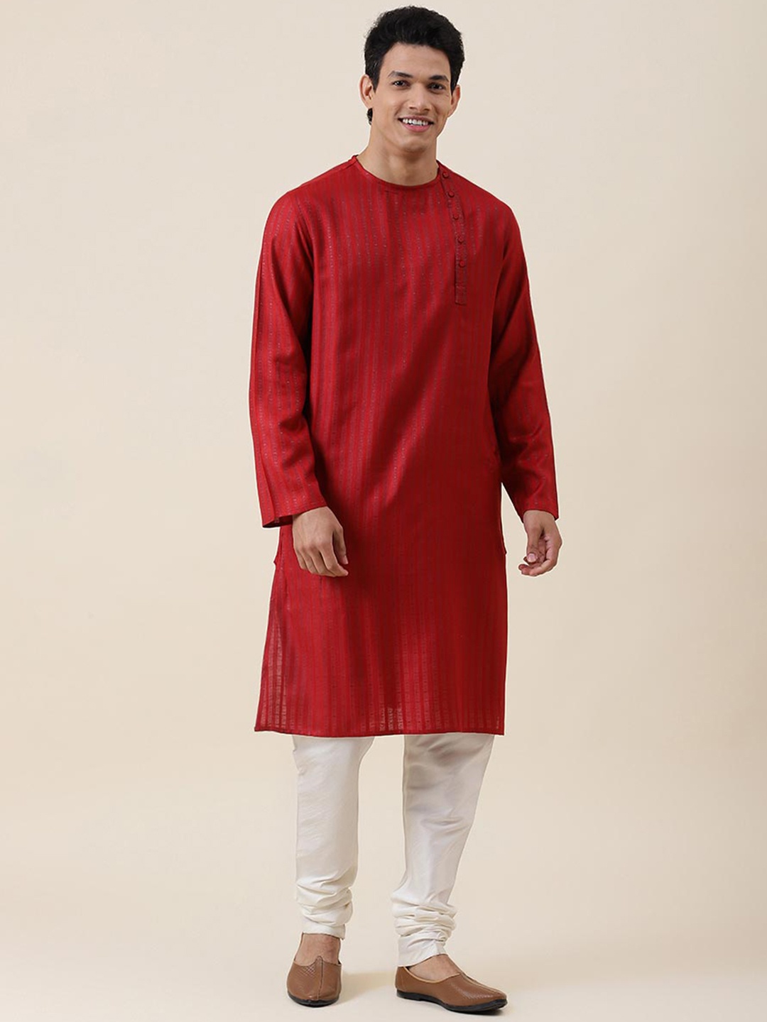 

Fabindia Band Collar Straight Striped Regular Kurta, Red