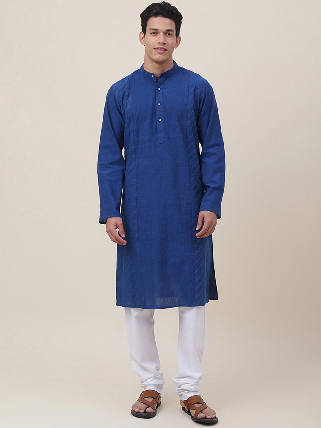 

Fabindia Men Striped Woven Design Panelled Cotton Kurta, Blue