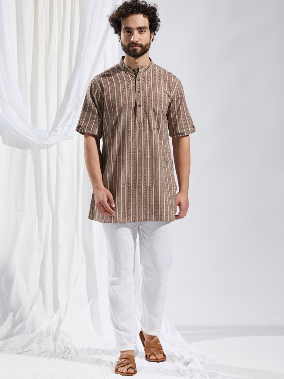 

Fabindia Striped Printed Cotton Kurta, Beige