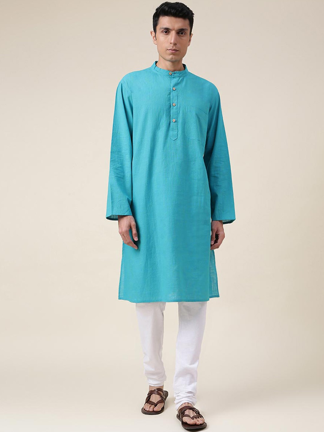 

Fabindia Mandarin Collared Straight Cotton Kurta, Turquoise blue