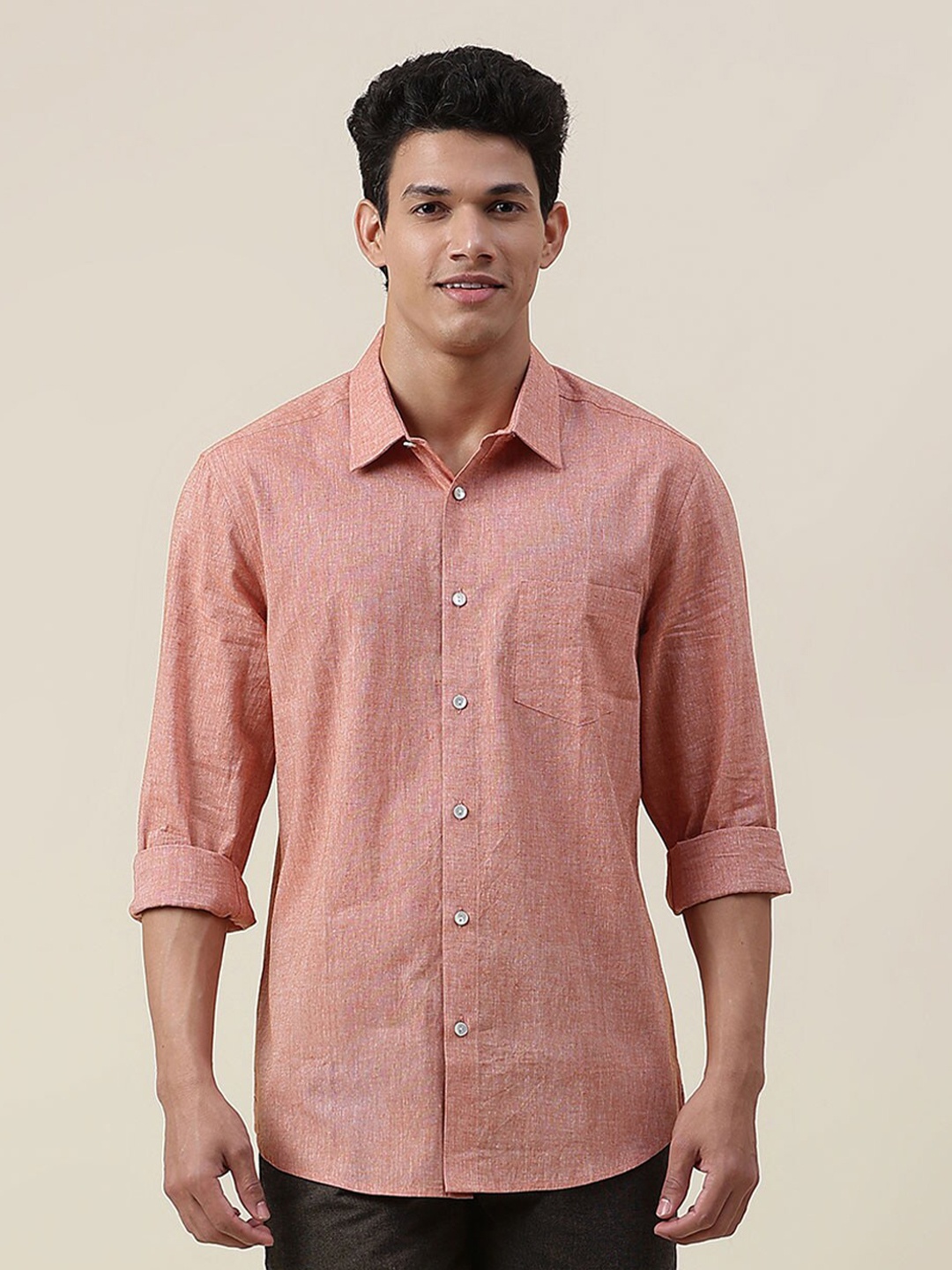 

Fabindia Men Cotton Slim Fit Formal Shirt, Pink