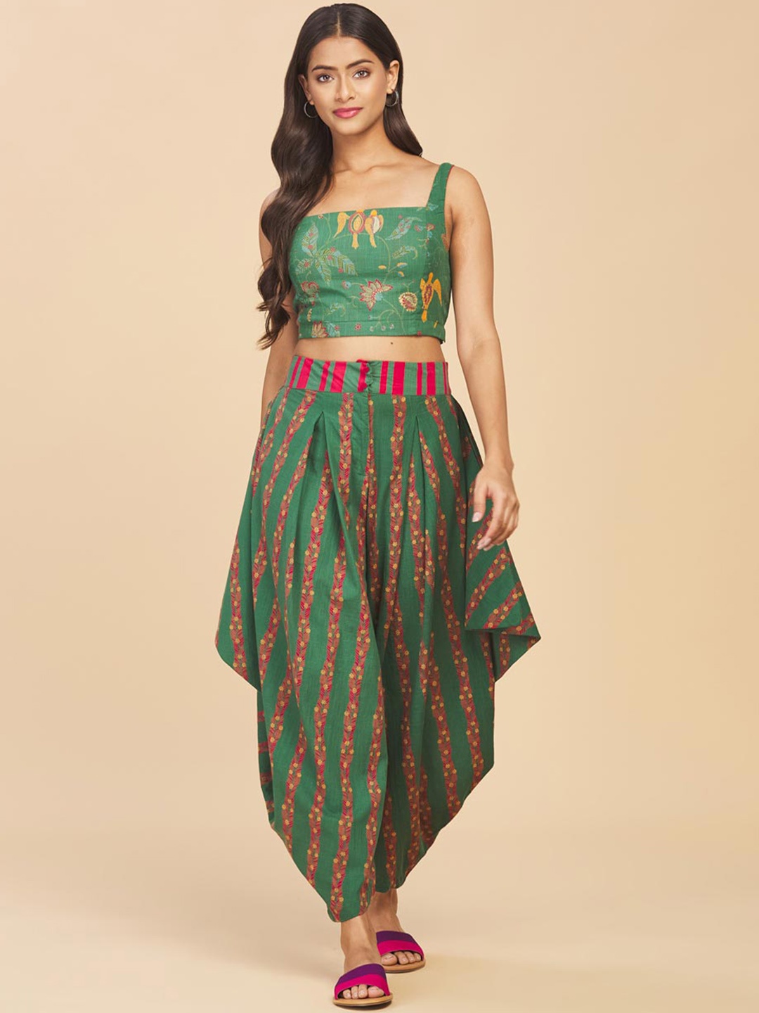 

Fabindia Women Green Printed Pure Cotton Top with Dhoti Pants