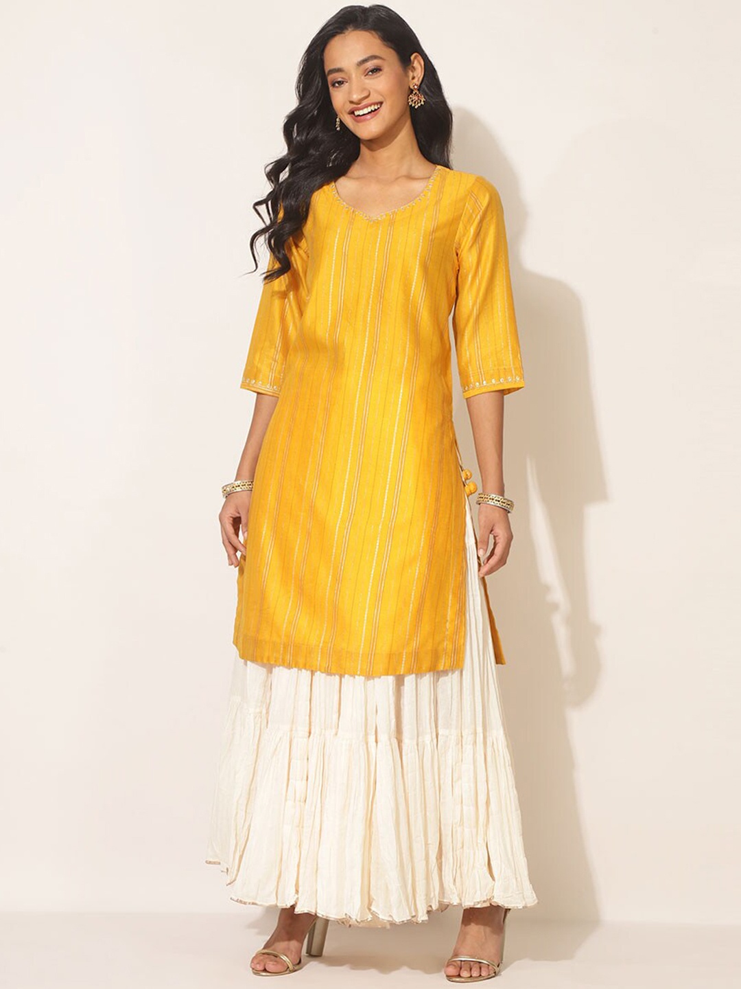 

Fabindia Women Striped Kurta with Sharara & With Dupatta, Yellow