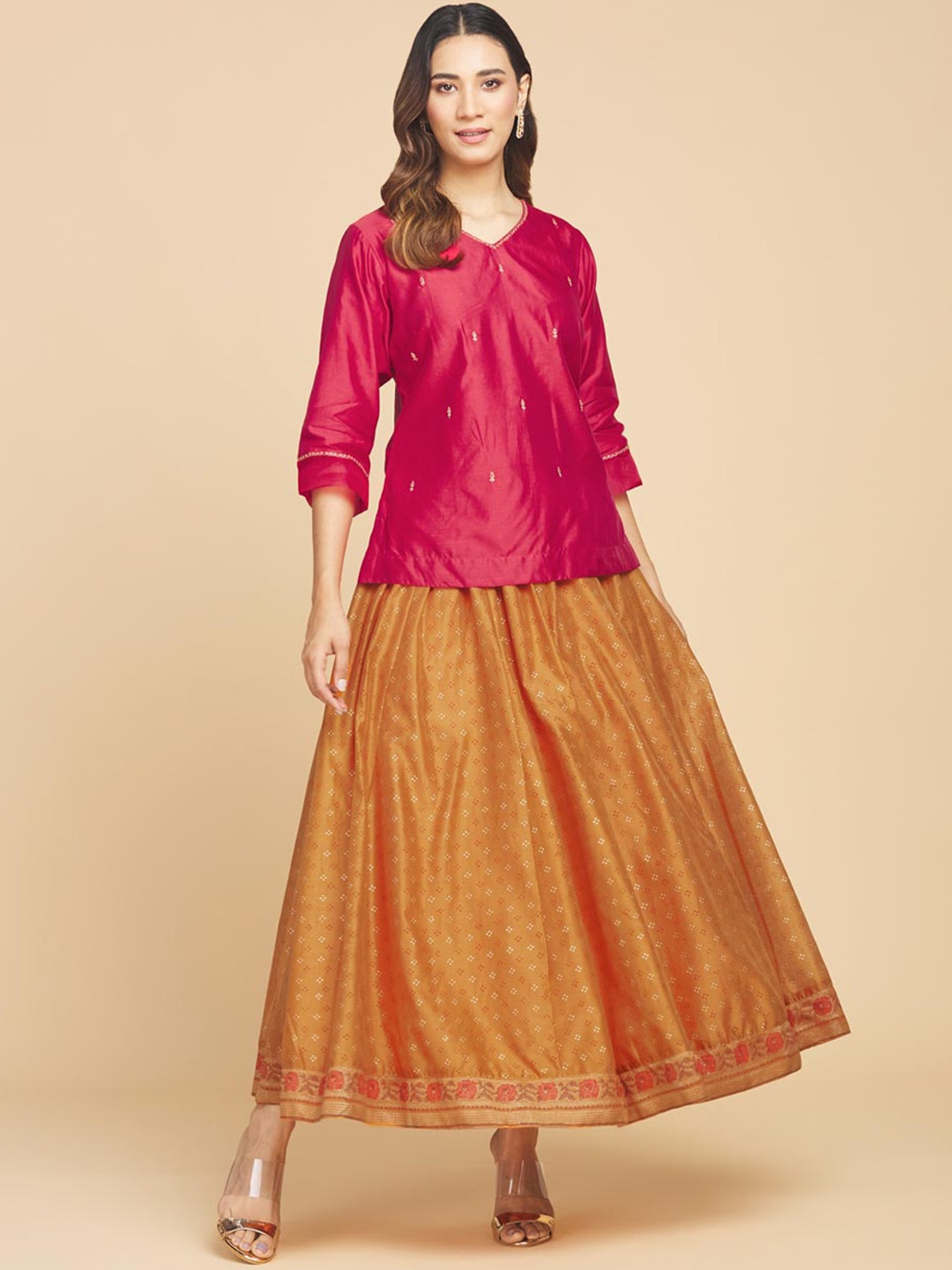 

Fabindia Women Ethnic Motifs Embroidered Kurti with Skirt, Red