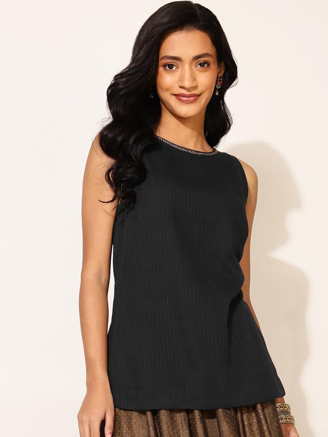 

Fabindia Women Pure Cotton Kurti with Skirt & With Dupatta, Black