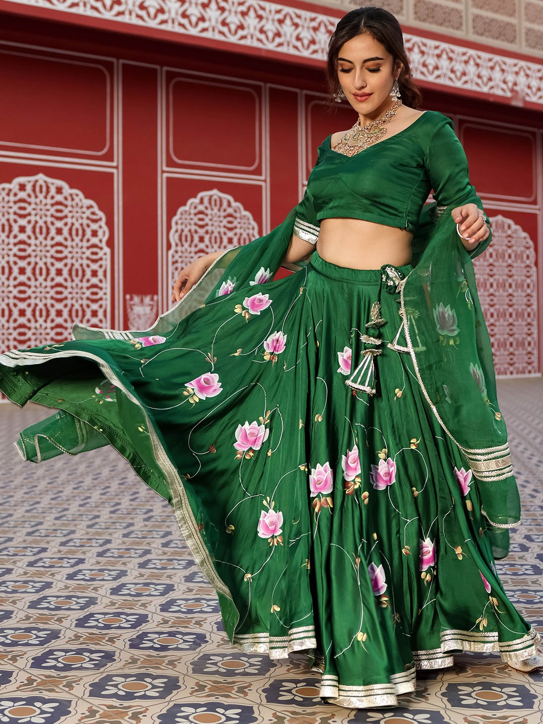 

AACHHO Green & Pink Lehenga & Blouse With Dupatta
