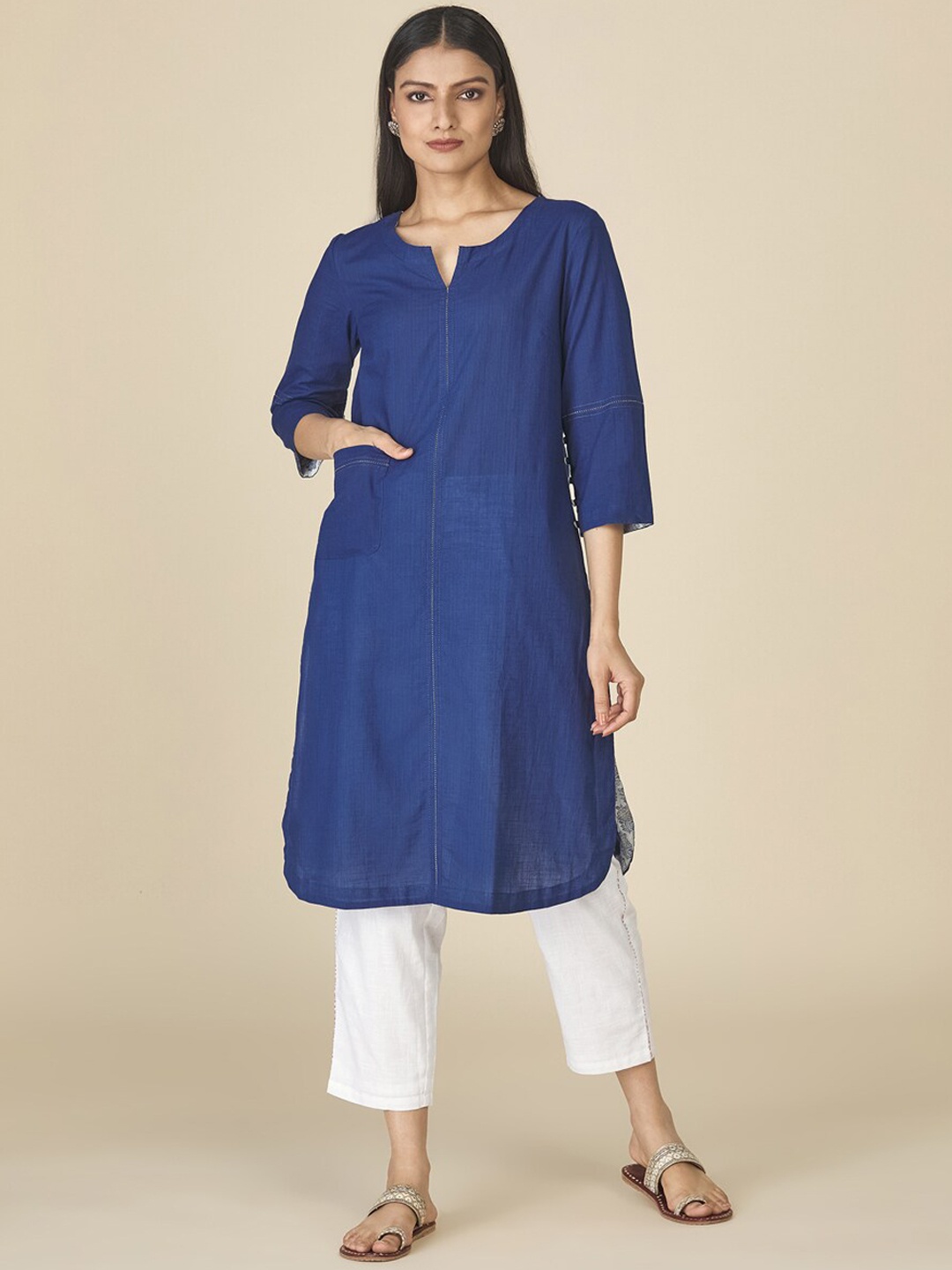 

Fabindia Notch Neck Pure Cotton Kurta, Navy blue