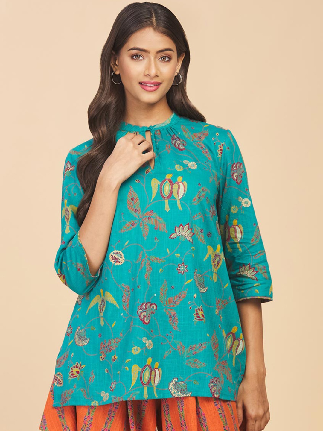 

Fabindia Women Floral Printed Pure Cotton Kurti, Teal
