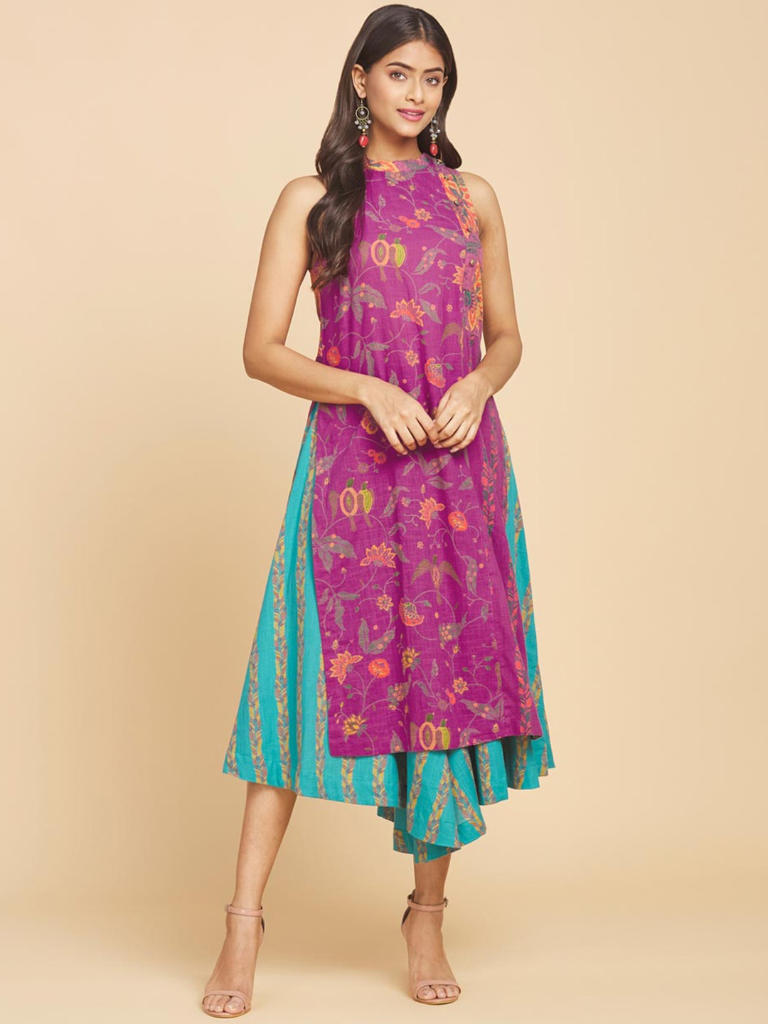 

Fabindia Floral Printed Band Collar Pure Cotton Kurta, Magenta