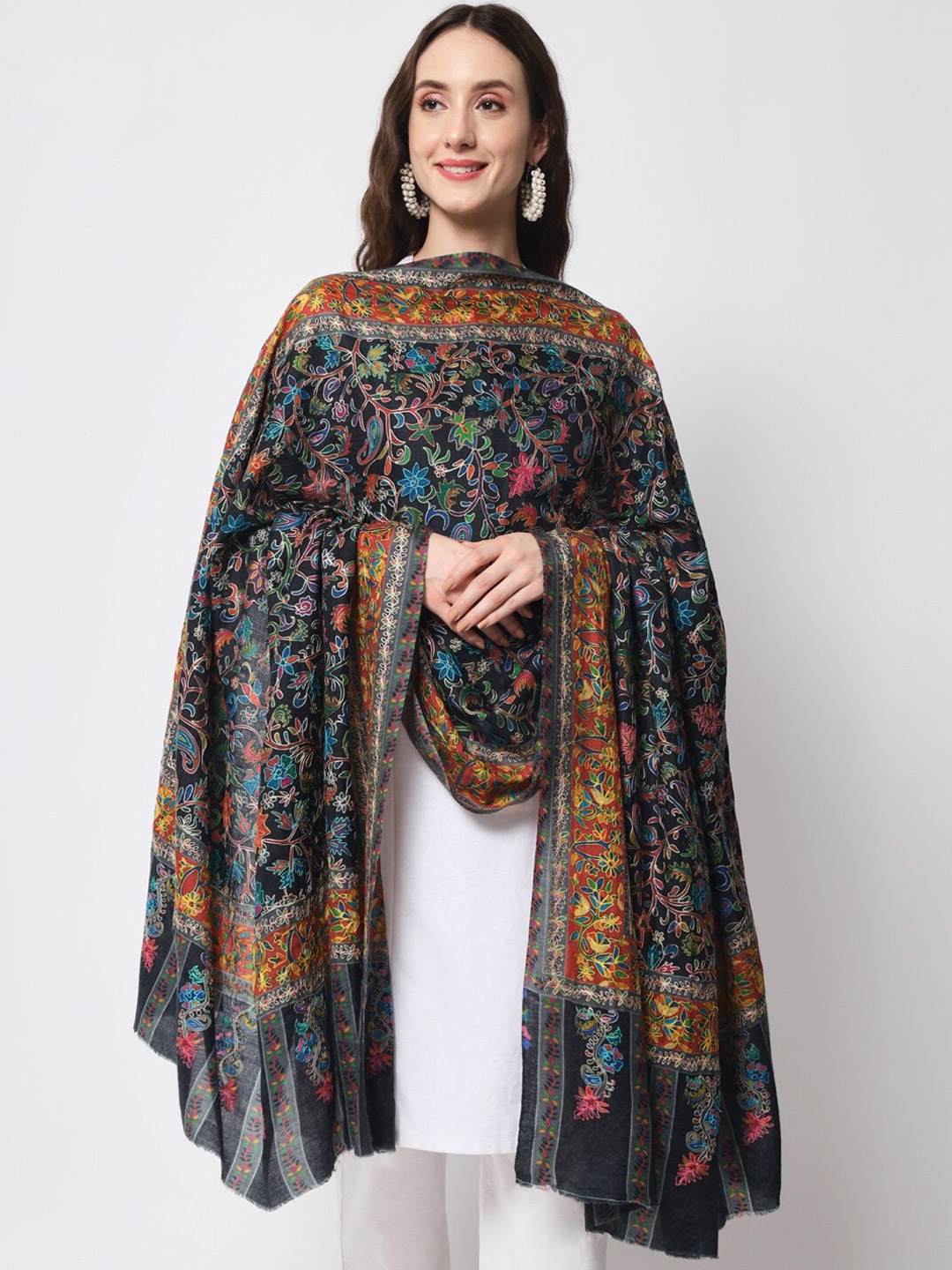 

Zamour Women Kalamkari Hand Embroidered Wool Winter Shawl, Black