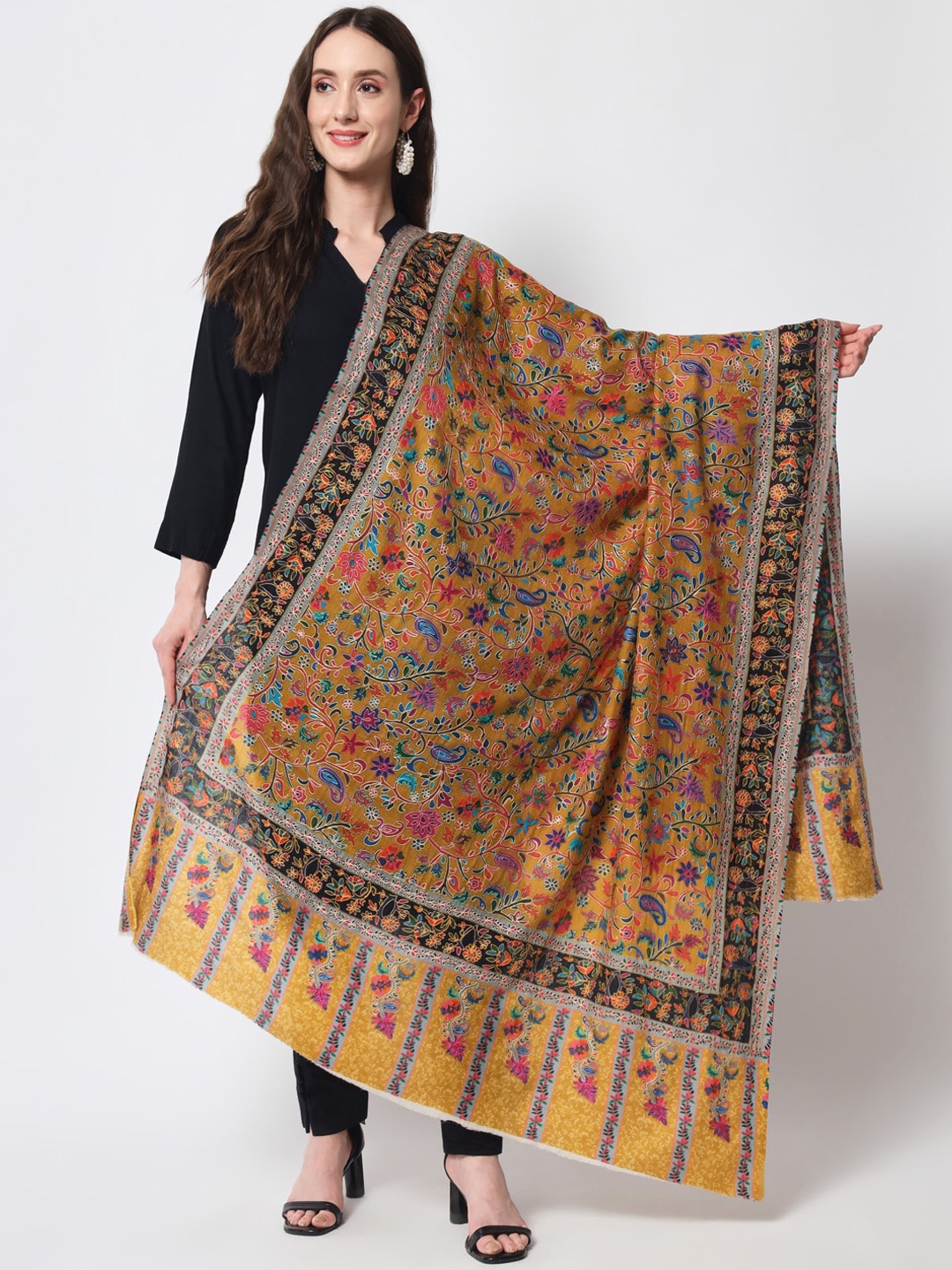 

Zamour Women Kalamkari Hand Embroidery Wool Shawl, Mustard