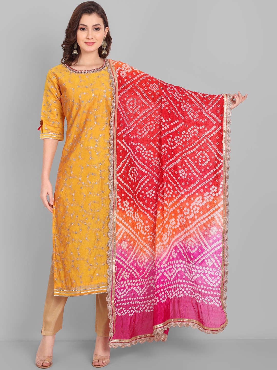 

Pakiza Floral Embroidered Gotta Patti Kurta With Dupatta, Yellow