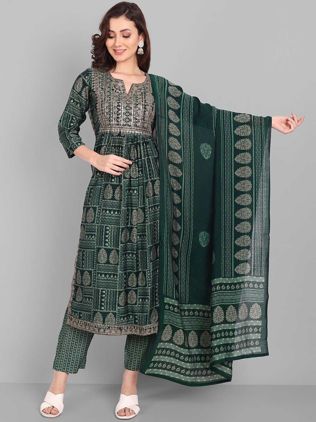 

Pakiza Women Ethnic Motifs Printed Pleated Sequinned Kurta with Trousers & Dupatta, Green