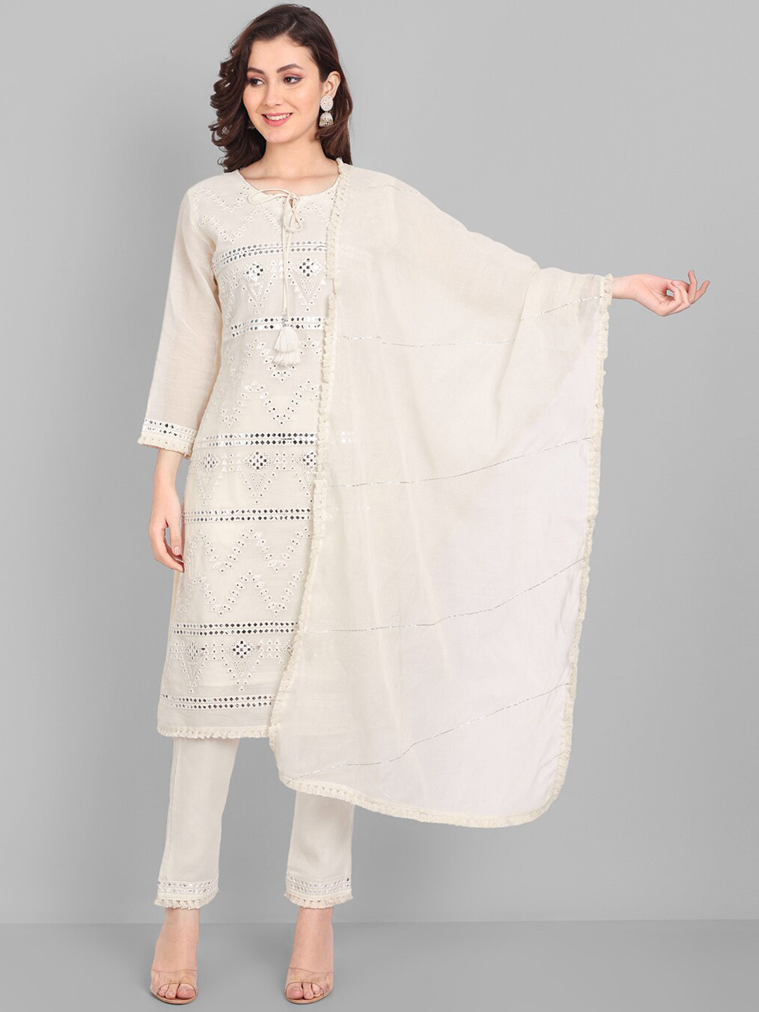 

Pakiza Embroidered Mirror Work Kurta with Trousers & Dupatta, White