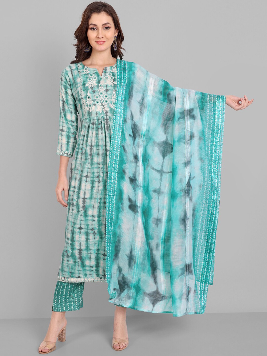 

Pakiza Embroidered Tiered Mirror Work Cotton Kurta With Trousers & Dupatta, Teal