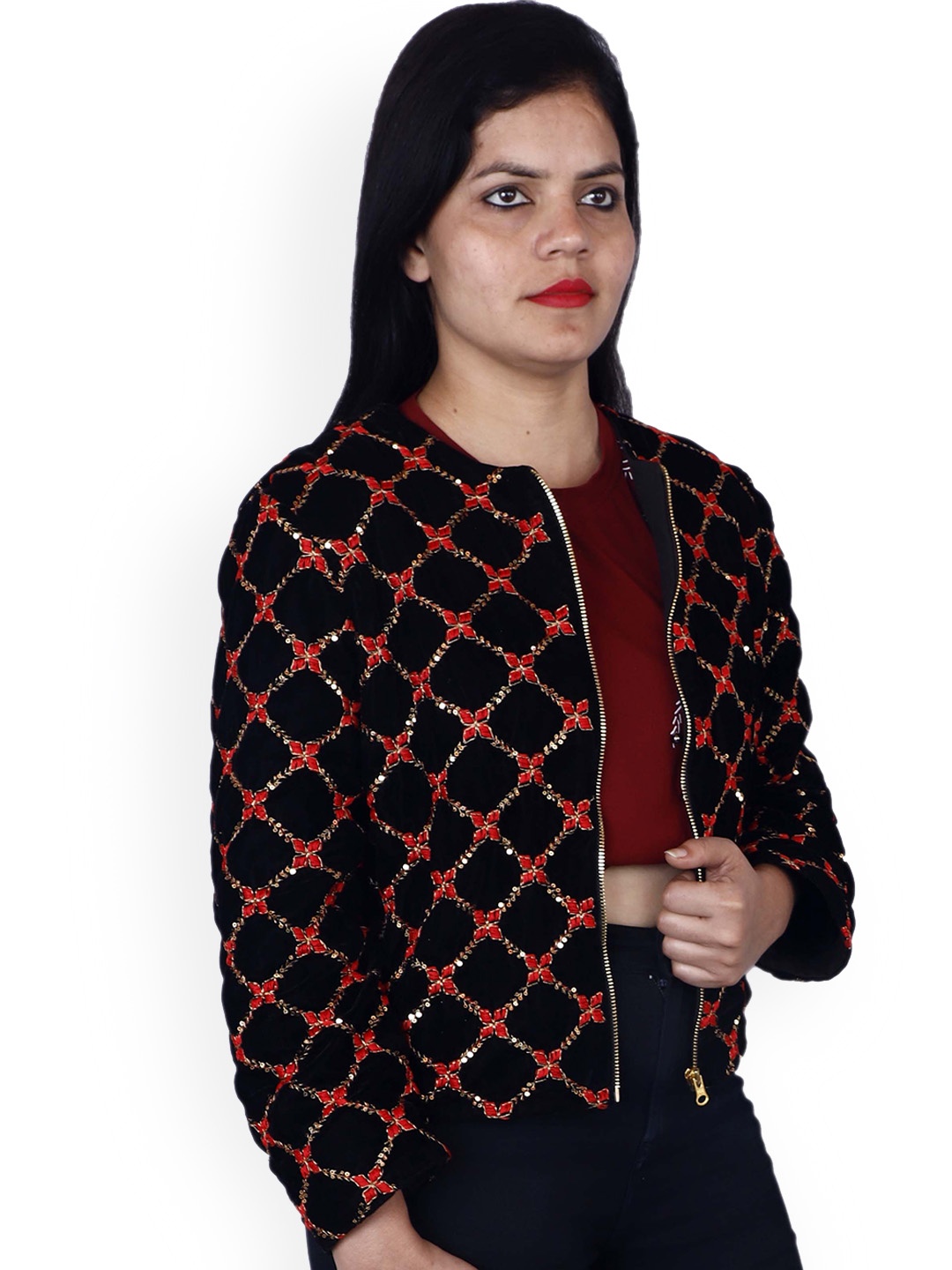 

REZZY Women Geometric Lightweight Open Front Jacket, Red