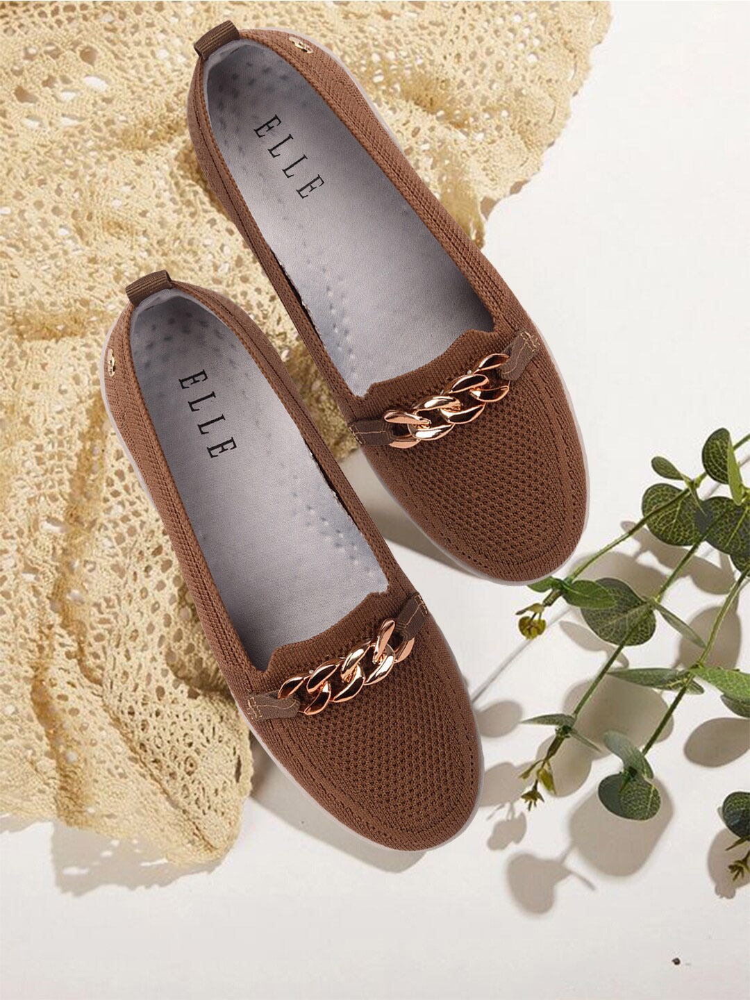 

ELLE Women Beige Perforations Slip-On Sneakers, Brown