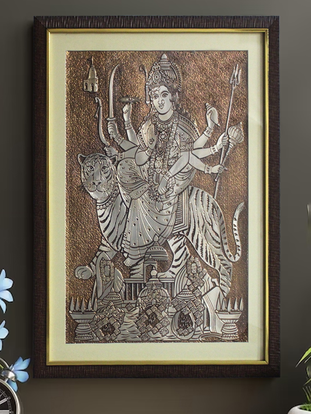 

SHREE KALA HOME DECOR Maa Bhavani Sherawali Foil Embossed Wall Art, Brown