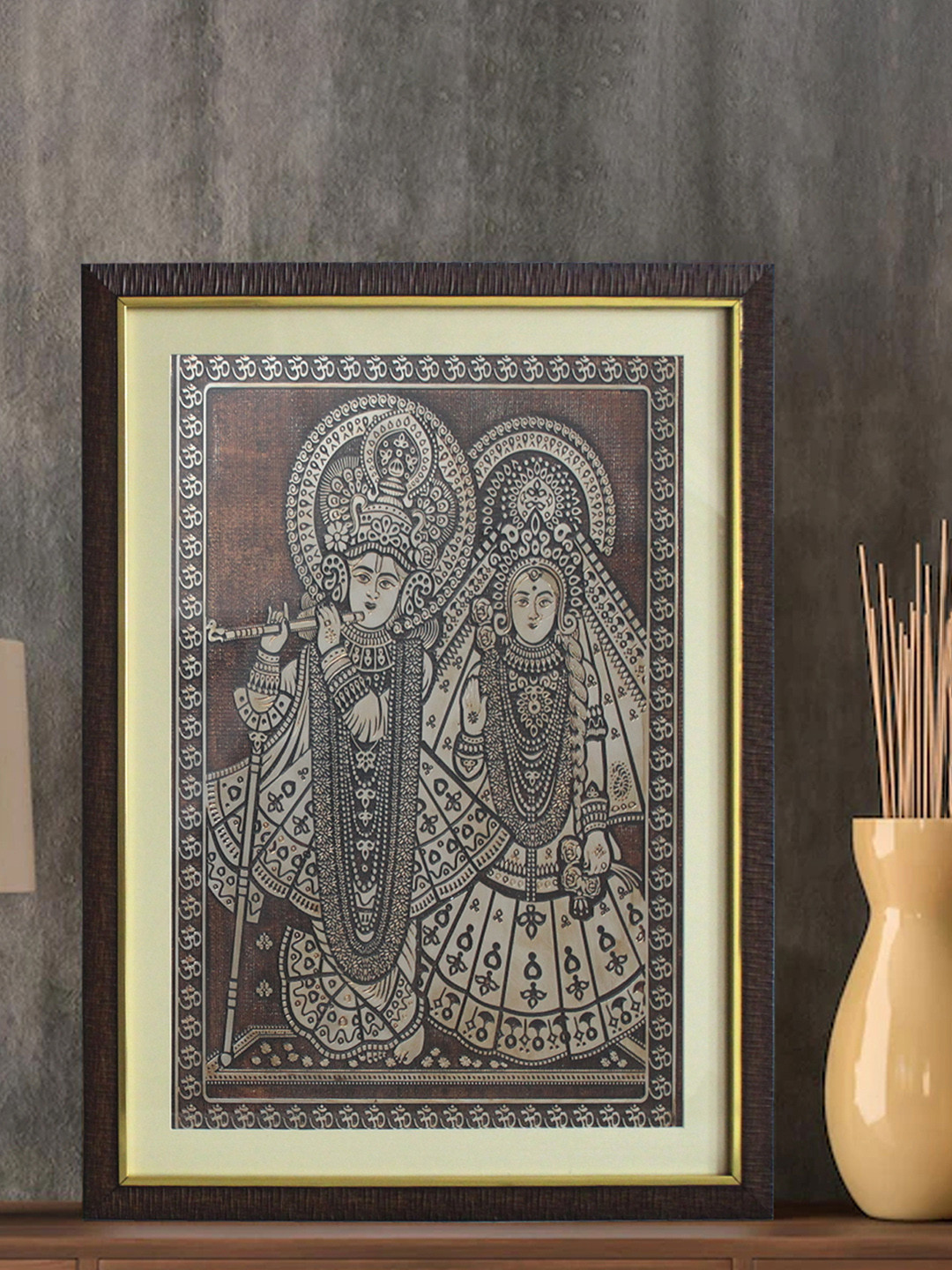 

SHREE KALA HOME DECOR Brown Shree Radha Krishna Ashta Shakthi Madhavi Madhav Foil Embossed Wall Art