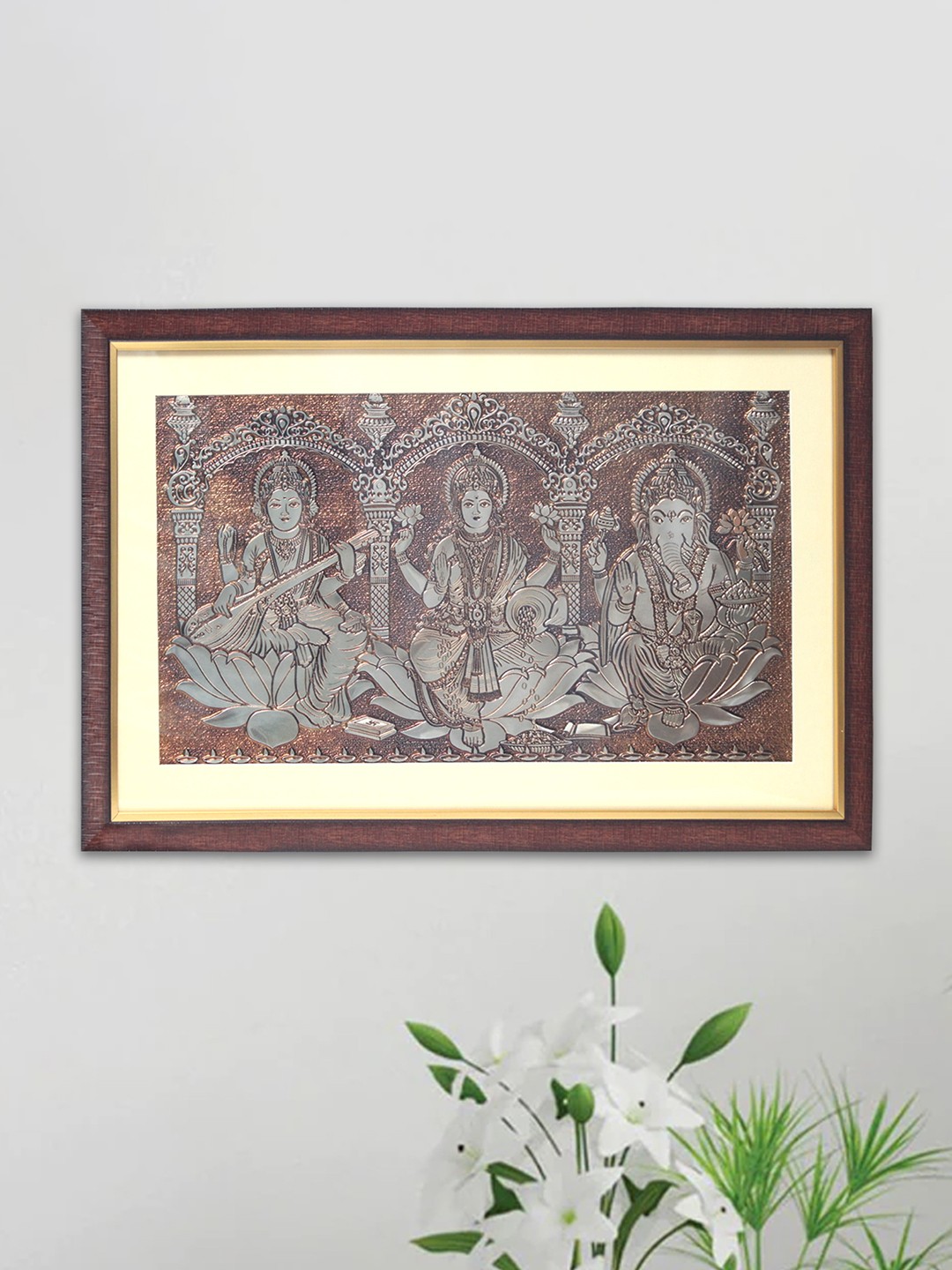 

SHREE KALA HOME DECOR Brown Lakshmi Ganesh Saraswati Foil Embossed Wall Art